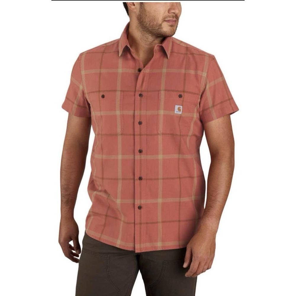 Carhartt Rugged Flex Orange Plaid Short Sleeve Relaxed Fit Shirt Mens LG Sporty